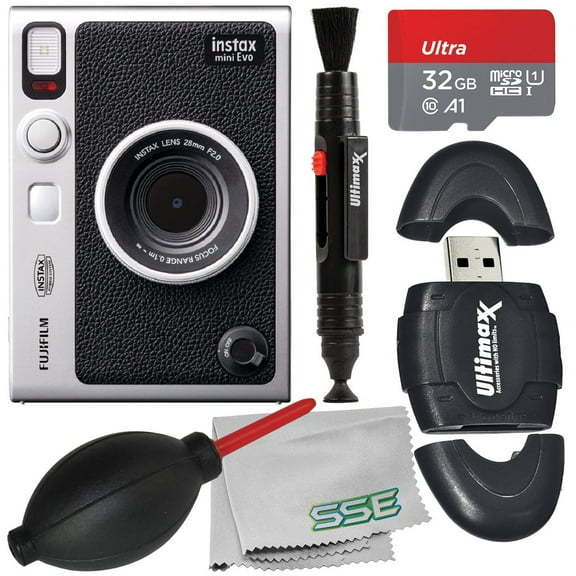 FUJIFILM INSTAX MINI EVO Hybrid Instant Camera with Starter Accessory Bundle: SanDisk 32GB Ultra microSD Memory Card, High Speed Memory Card Reader & More (8pc Bundle)