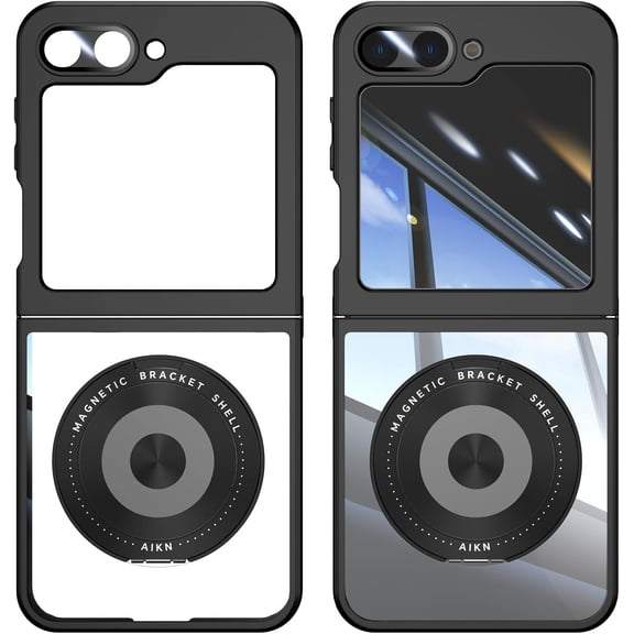 Case for Samsung Galaxy Z Flip 5,TPU PC [Built-in Rotatable Magnetic Kickstand] Clear Back Design Heavy Duty Drop Protection Shockproof Phone Case for Samsung Galaxy Z Flip 5 5G 2023 (Black)
