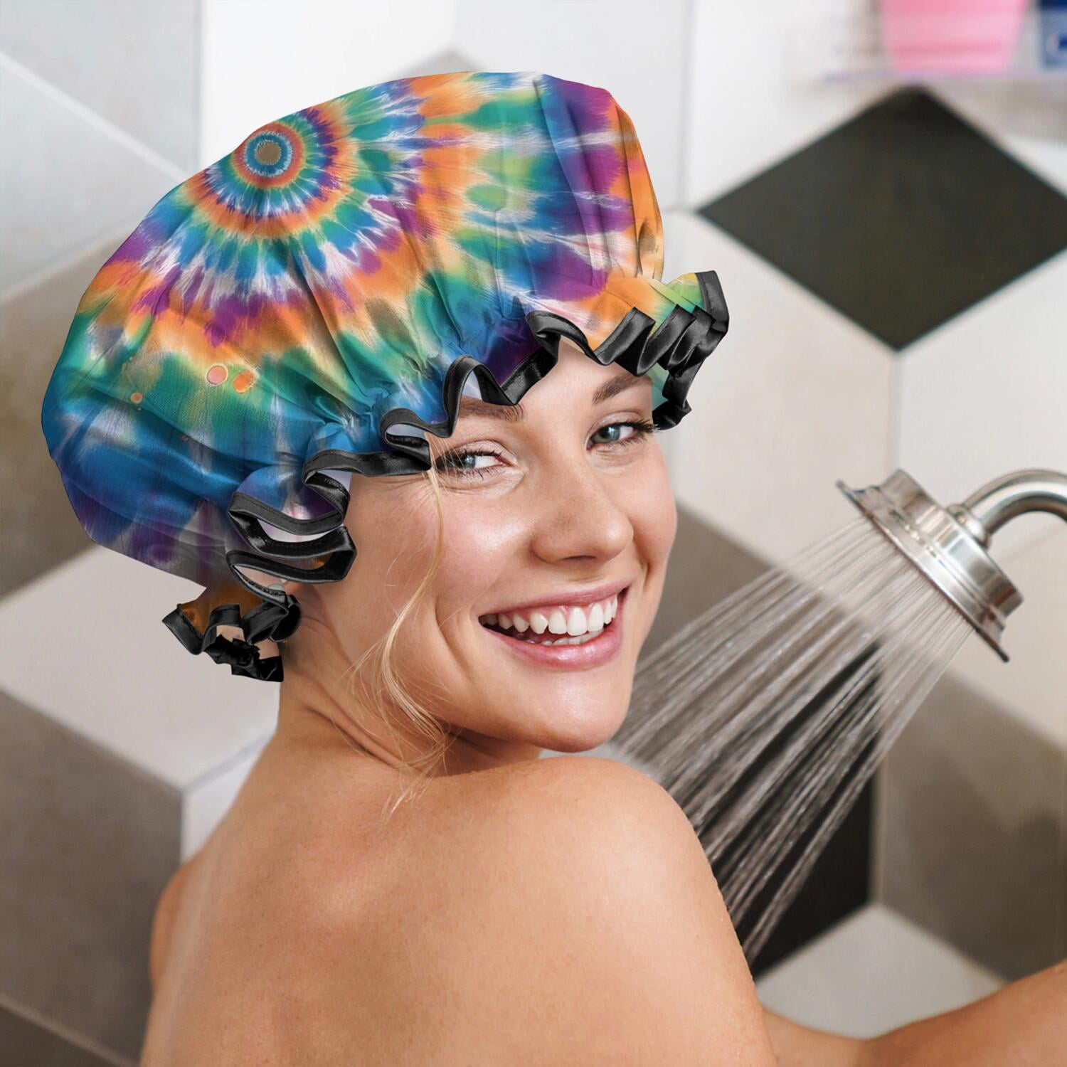 Shower Caps,Rainbow Tie Dye Mandala Pattern Waterproof Shower Cap for Women 4 Pieces,Double Reusable Hair Cover for Shower PEVA Elastic Stretch Hem