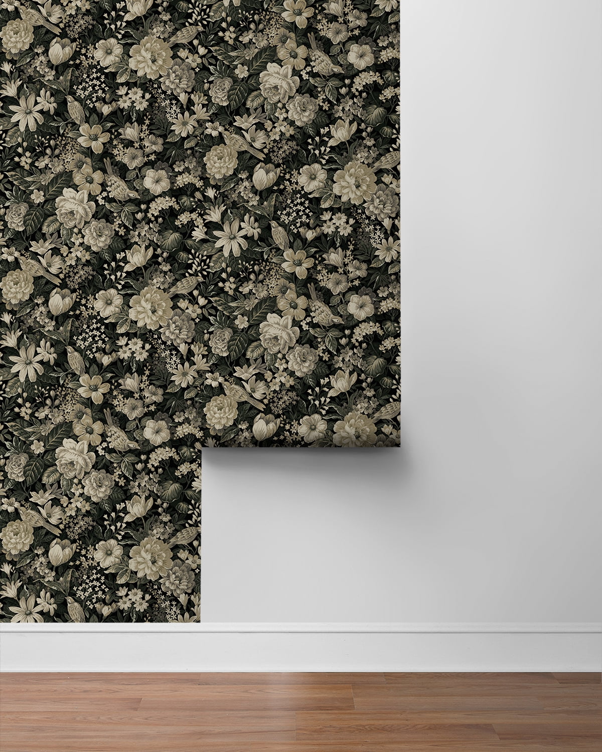NextWall Ebony & Pale Fern Vintage Bird Garden Peel and Stick Wallpaper - 20.5 in. W x 18 ft. L Roll