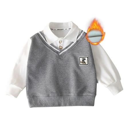 

QHFBli Boys School Outfits Lined Sweater Kids Long Sleeve V Neck Shirt Pullover Fall Winter Warm Clothes