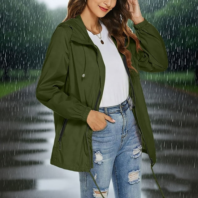 Soki Veste Imperméable pour Femmes, Veste Légère à Fermeture Éclair, Veste à Capuche à Manches Trois-Quarts avec Poches