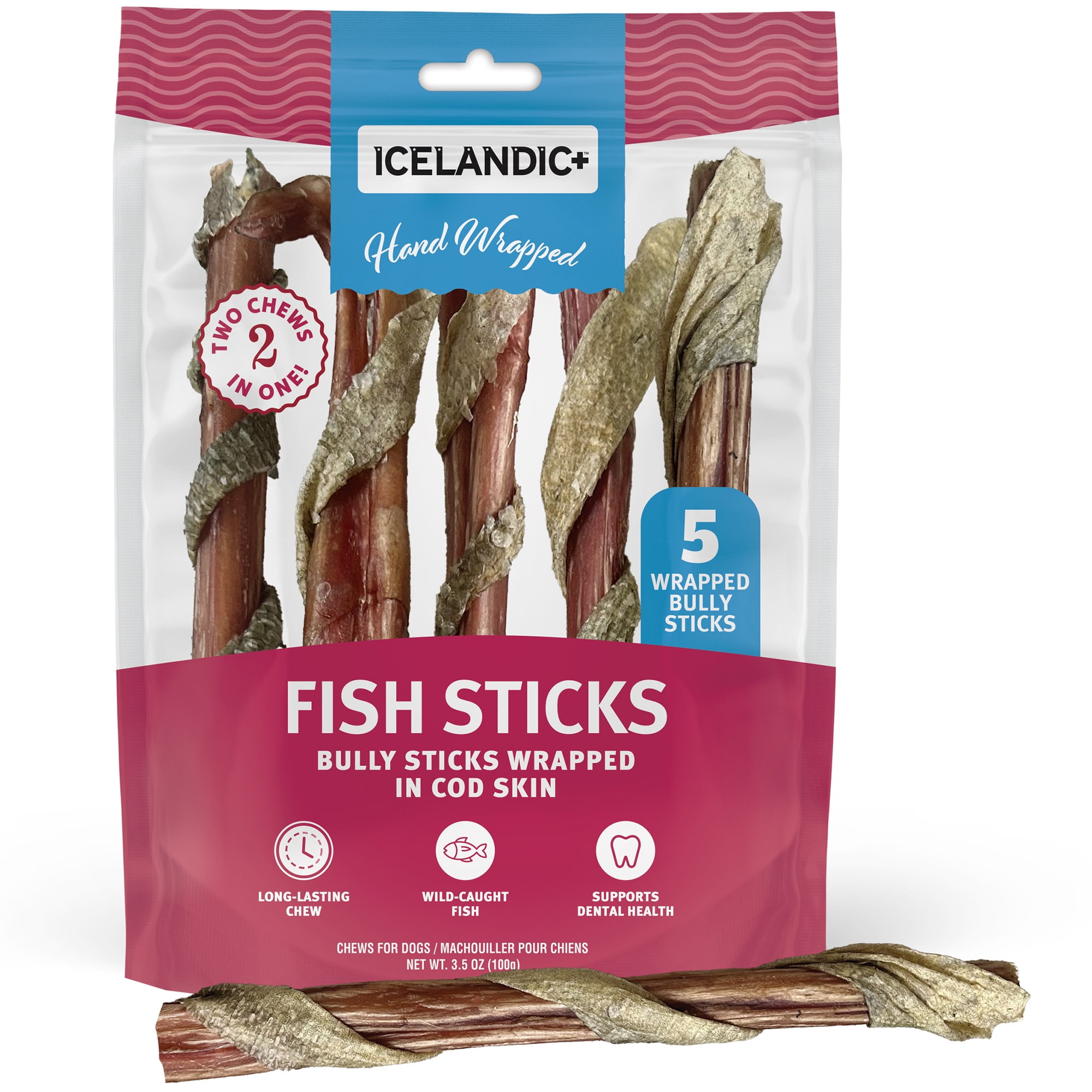 Icelandic+ Fish Sticks - Bully Stick Wrapped In Cod Skin - 5 Pack, 6" - Dog Treats, 2 Ingredient Chews, Hand-Wrapped Wild-Caught Fish, Pet Snacks
