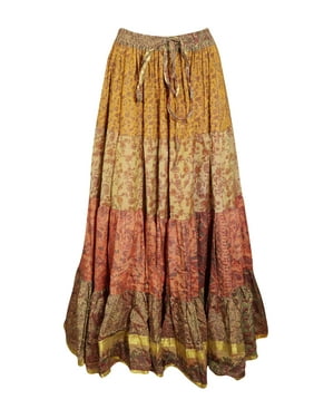 Mogul Women Golden Maxi Skirt Vintage Tiered Full Flared Recycle Sari Printed Summer Beach LONG Skirts M/L
