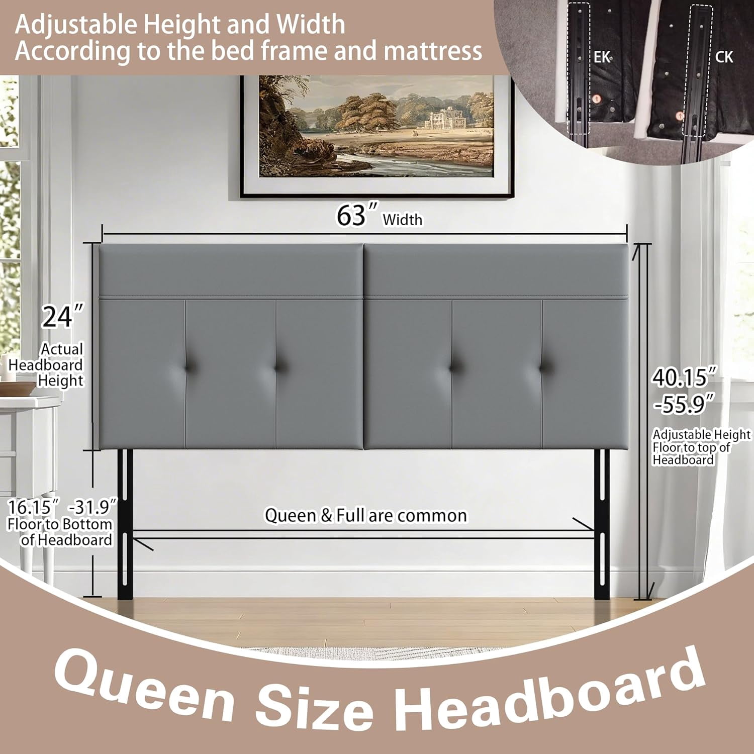 Andeworld Upholstered Tufted Queen Size Headboard,PU Leather Wood Head Board with Metal Legs, Adjustable Height from 42” to 56”, Bed Headboard in Modern Design,Backboard for Bed, Grey