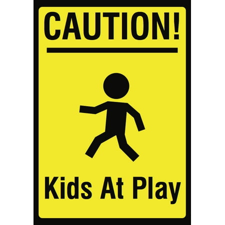 Caution! Kids At Play Picture Sign - Large Children Warning Kid Area Signs - Aluminum Metal, 12x18