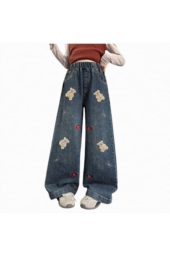 Girl's Ripped Jeans Zipper Fly Distressed Wide Leg Baggy Denim Pants with Pockets Streetwear(Navy,15-16 Years)