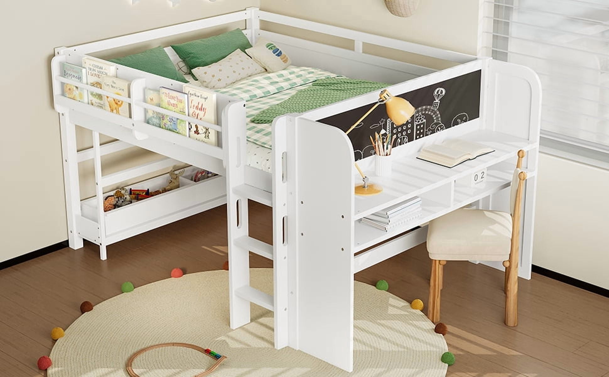 Mintazer Full Low Loft Bed with Desk & Blackboard, Kids Loft Bed with Storage Drawers, No Spring Box Needed, White
