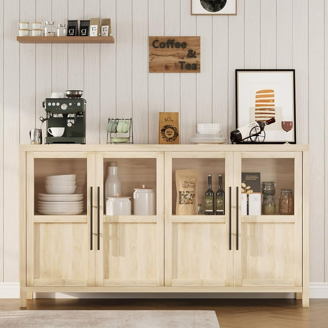 55" Buffet Cabinet with 4 Glass Doors, Farmhouse Storage Table for Dining Room