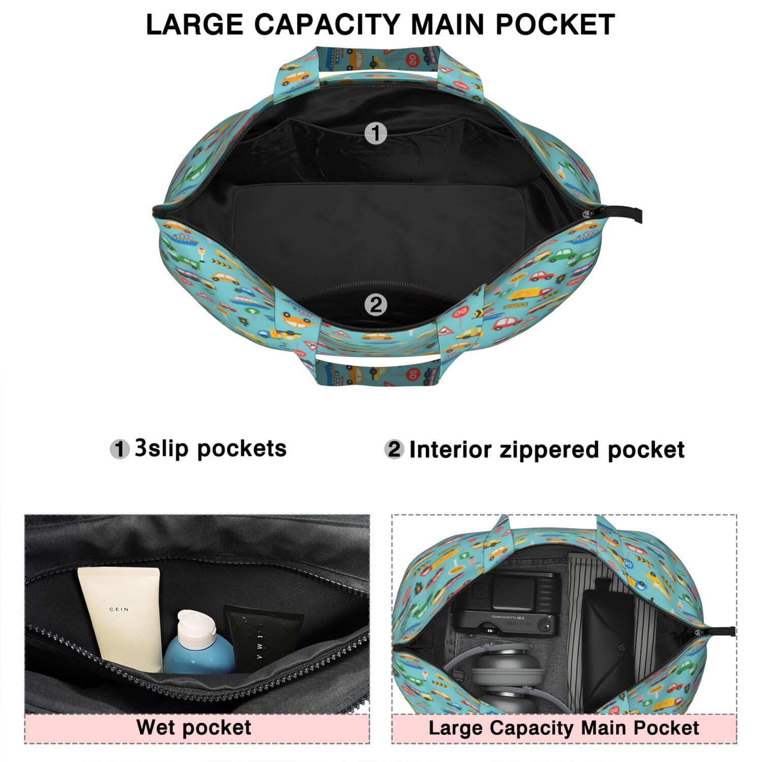 Cartoon Traffic Vehicles Boats Light Blue Pattern Travel Tote Bags for Women Carry On,Large Weekender Bags for Women Travel,Multi Functional Duffle Bag for Work,Shopping,Sports