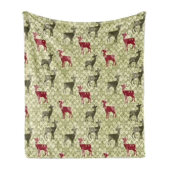Deer Soft Flannel Fleece Throw Blanket, Damask Pattern and Ornate Christmas Themed Animal Silhouettes, Cozy Plush for Indoor and Outdoor Use, 50" x 60", Olive Green Pale Green, by Ambesonne