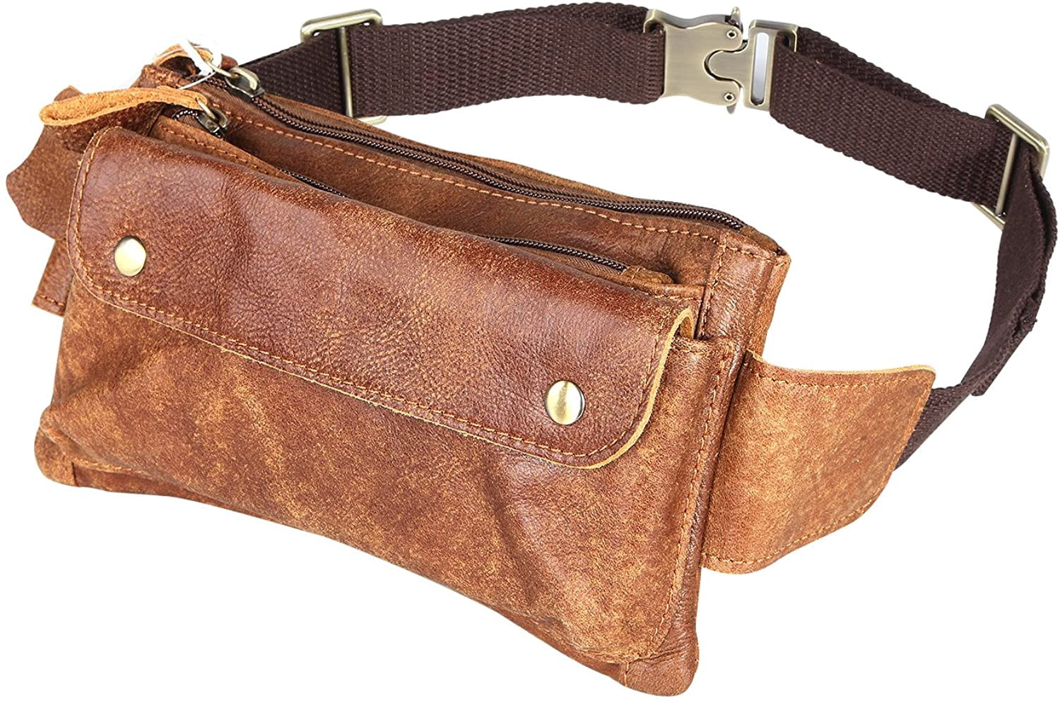 Genuine Leather Triple Pocket Fanny Pack - Adjustable Waist Bag, Slim Shoulder Bag, Black Casual Pouch
