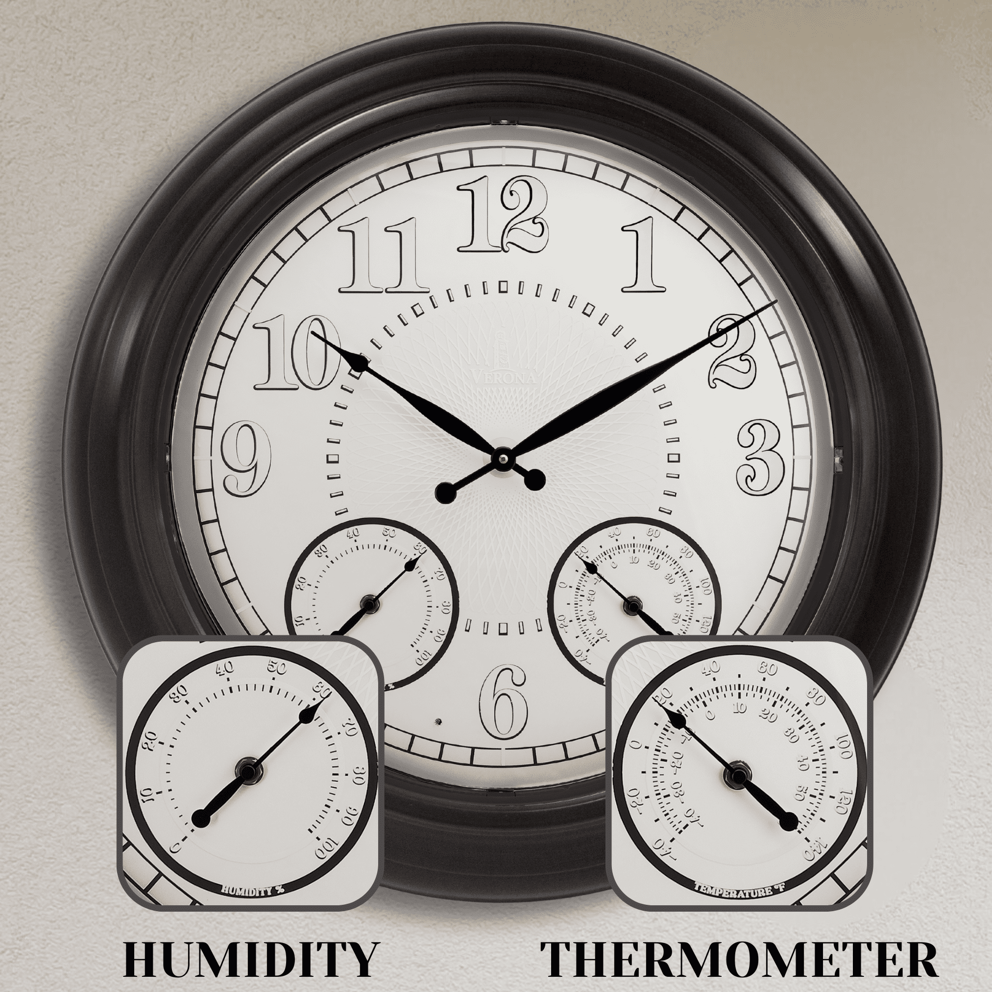 24 inch Illuminated Outdoor Clock for Patio, Waterproof with Thermometer - Large Night Light Wall Clock with Smart LED Sensor, Temperature and Humidity - Weatherproof & Easy to Read for Patio & Home
