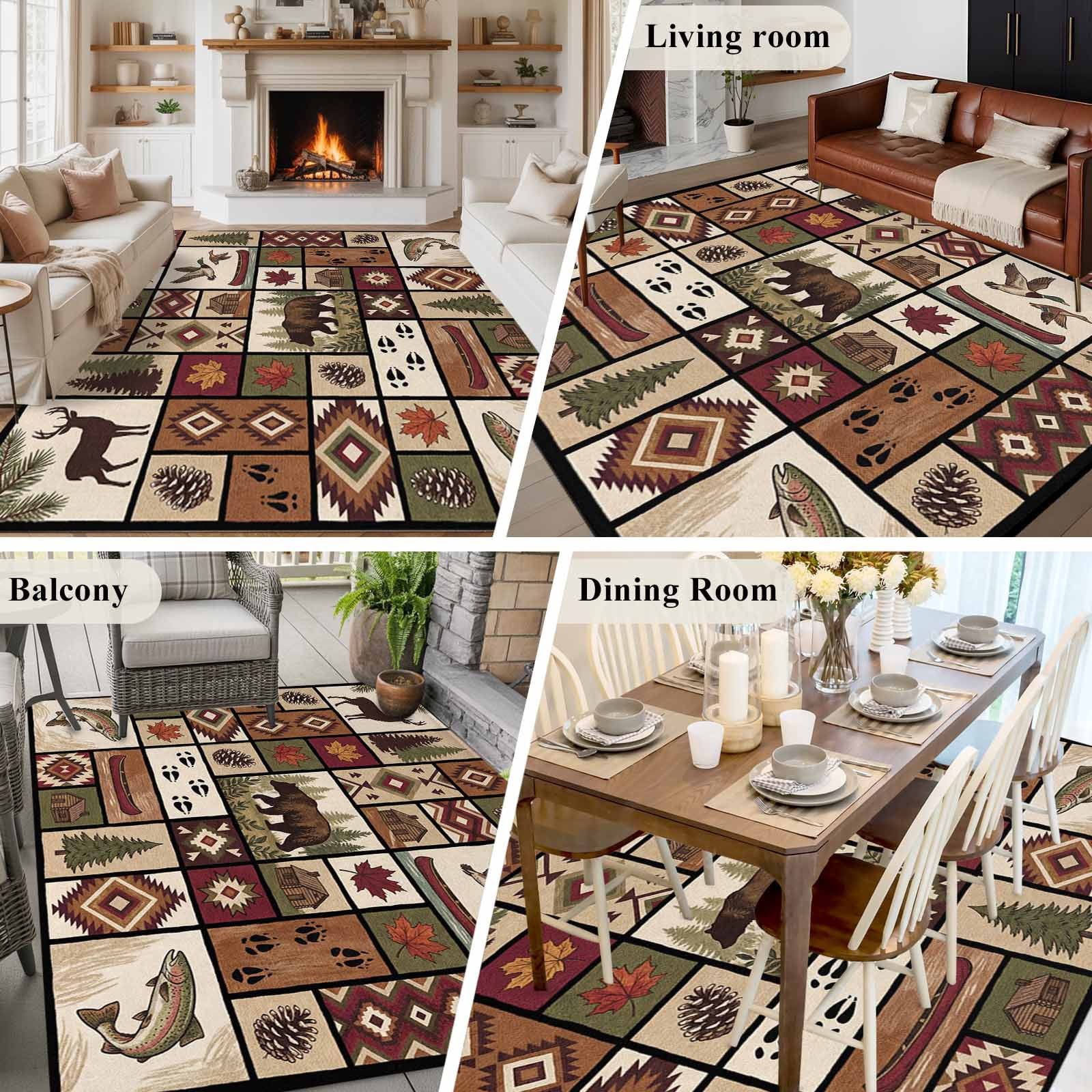 Country Patch Plaid Area Rugs 8'x10', Washable Small Throw Rugs for Living Room Patio, Brown Farmhouse Retro Bear Deer Cabin Indoor Outdoor Rug Non-Slip Low Pile Carpet Runner Reversible Floor Mats