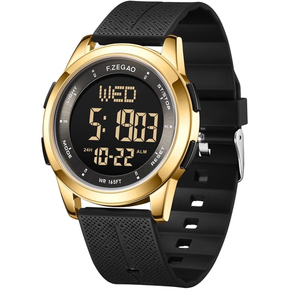 F.ZEGAO Metal Ultra-Thin Waterproof Digital Watch Men, Military Watches with Timer, Minimalist Wrist Watches, Multi-Functions Sport Watches for Men - Gold