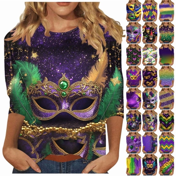 Pxxlle Womens Mardi Gras Shirt Plus Size 3/4 Sleeve Fat Tuesday Shirts Loose Fit Crewneck New Orleans Party Outfits Funny Mask Graphic Tees Size S