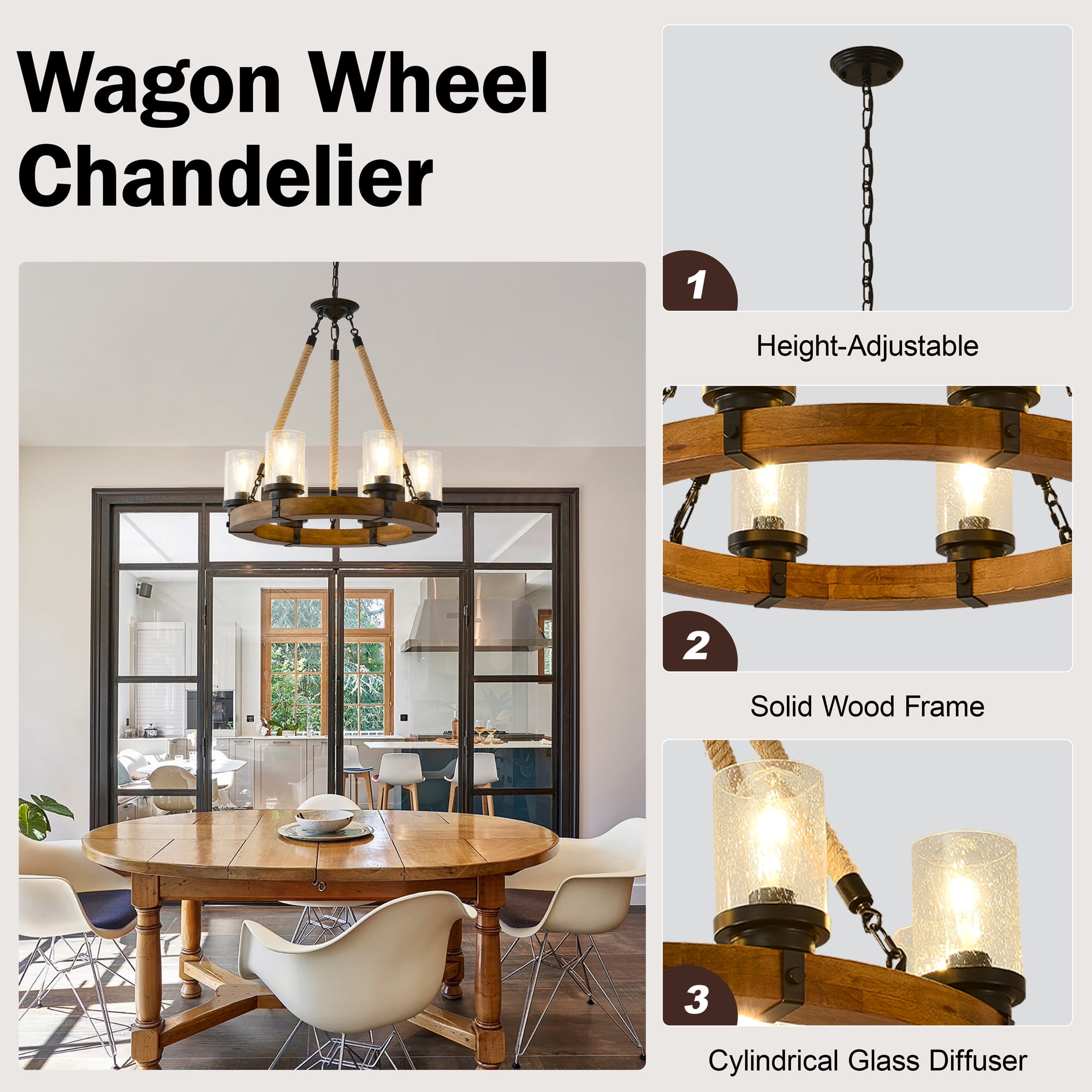 6-Light Wagon Wheel Chandelier with Seeded Glass – Rustic Farmhouse Wood Ceiling Light for Dining Room, Kitchen, Entryway