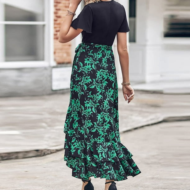 ICHUANYI Clearance Summer Dresses For Women Short Sleeve V Neck Boho Floral Print Tie Waist High Low Ruffle Cocktail Maxi Dress Green S ICHUANYI WER2023081112470 Bodega Aurrera en linea