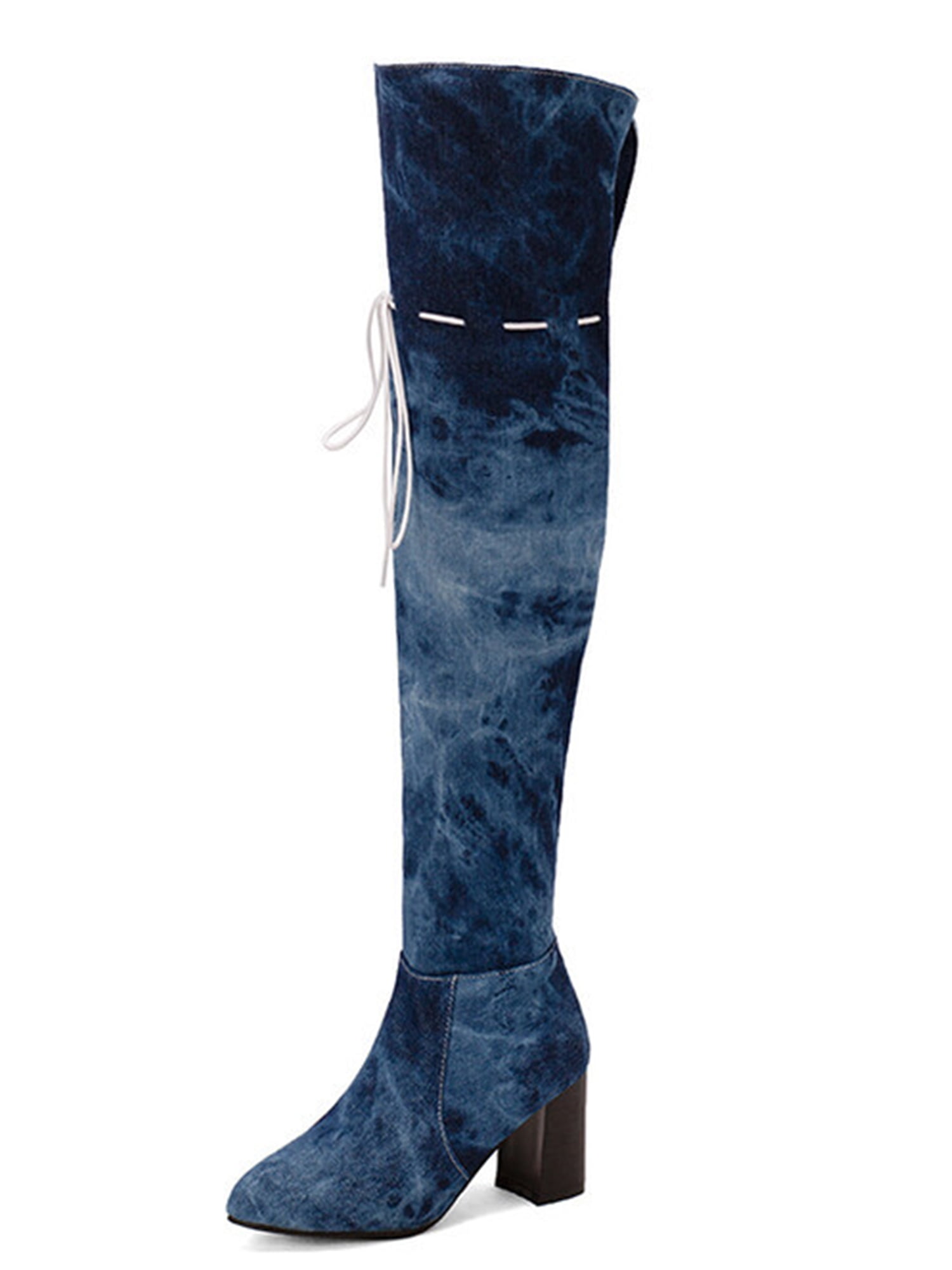 Oucaili Women Zipper Chunky Heel Thigh High Boot Business Non Slip Block Heeled Over The Knee Boots Navy Blue 7.5, Women's