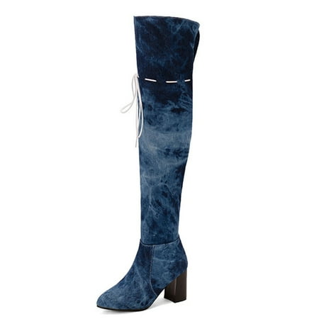 

Zodanni Women Comfortable Winter Shoes Dress Non Slip Long Thigh High Boot Fashion Chunky Heel Navy Blue 8