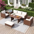 thumbnail image 2 of LAUSAINT HOME 5-Piece Patio Furniture Set, Outdoor Wicker Conversation Set with 1 Storage Ottoman, 3-Seater Sofa, 2 Single Chairs, 1 Table with Umbrella Hole, Beige Cushions, 2 of 10