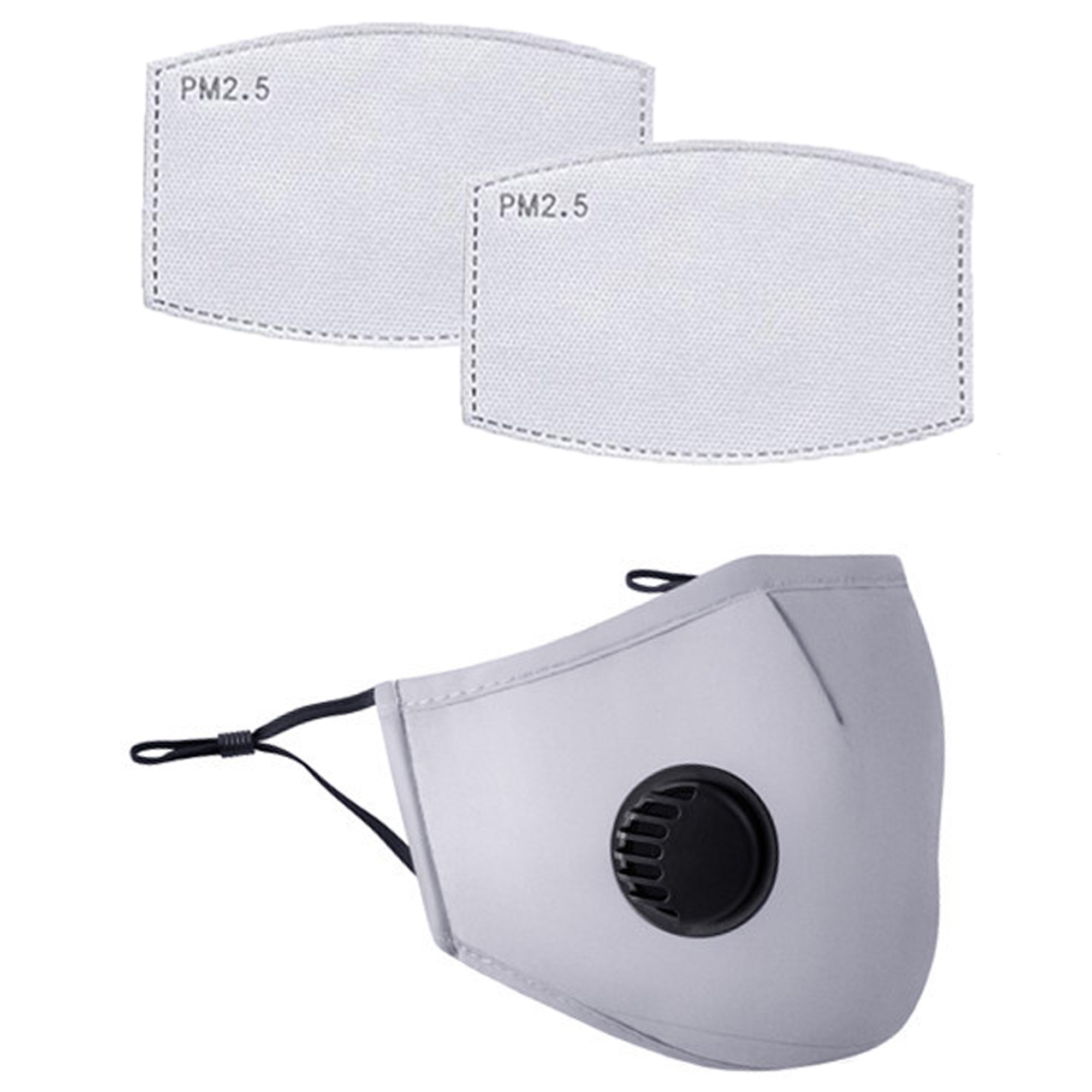 Adult Size Cotton Face Mask Covers with Breathing Valve, Wire Nose Bridge, Adjustable Ear Loops and two PM2.5 Carbon Filters SHIPS FROM CHICAGO - FAST DELIVERY (Gray)