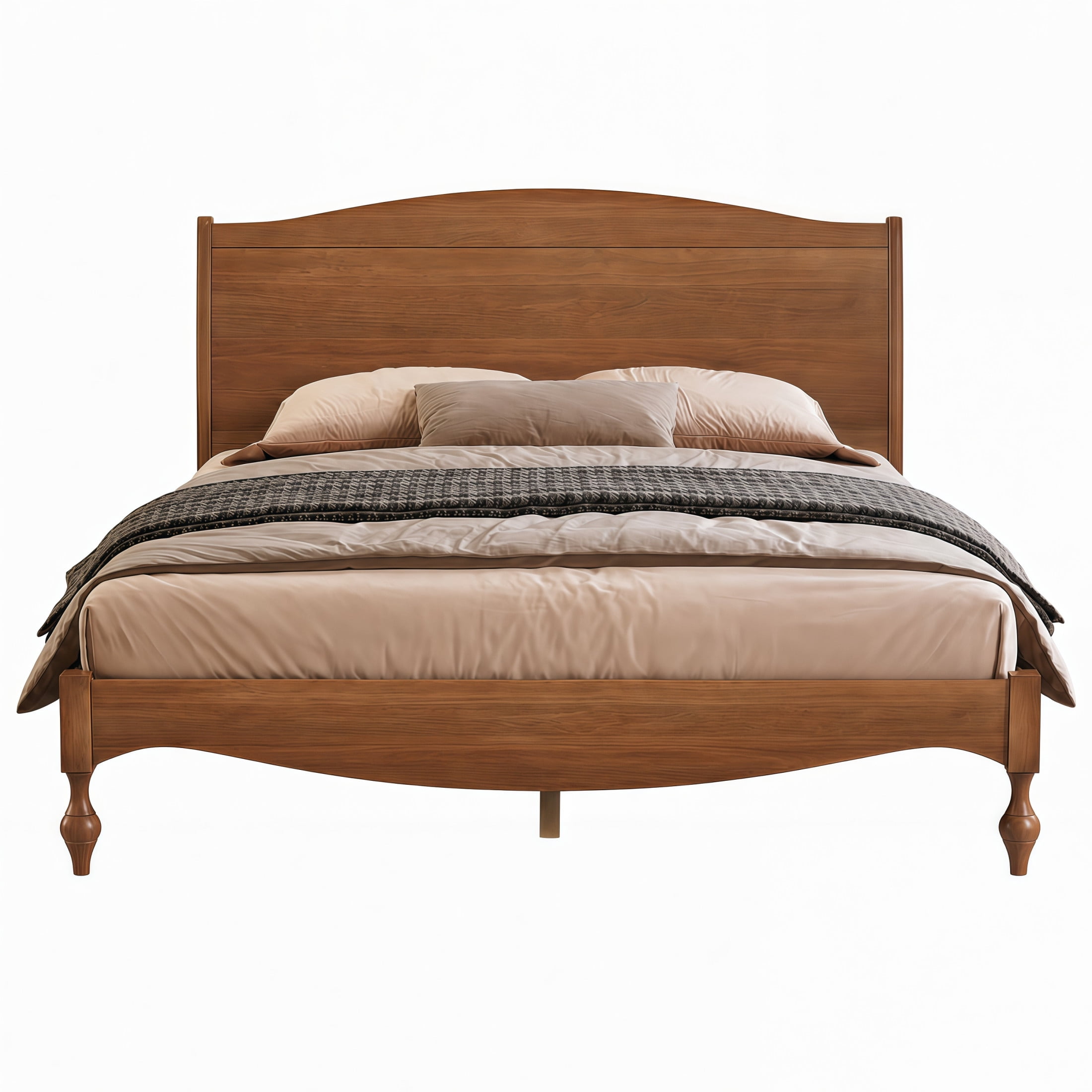 Noble House Carola Queen Wooden Platform Bed Frame, Traditional Arched Headboard Vintage Design, Light Walnut