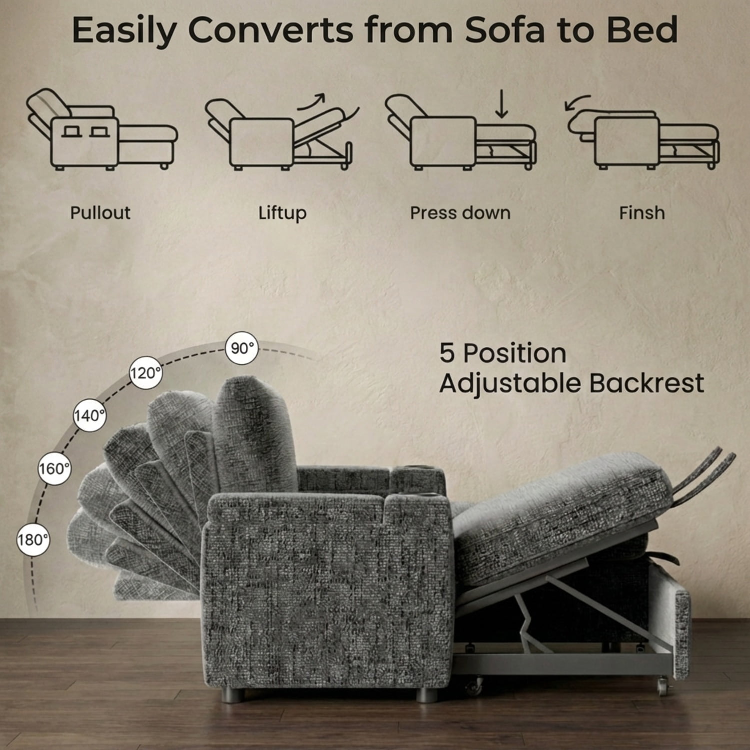 82" Sectional Sleeper Sofa with Pull Out Bed, Convertible L-Shaped Couch with Reversible Storage Chaise, 5-Level Reclining Backrest, Chenille, Dark Grey