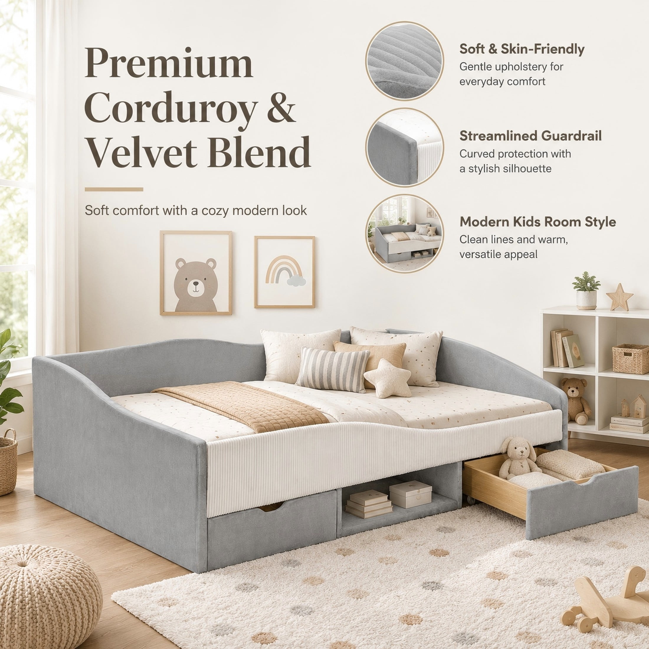 Aukfa Full Size Upholstered Daybed with 2 Storage Drawers, Shelf and Curved Guardrails, Velvet Bed Frame, Gray