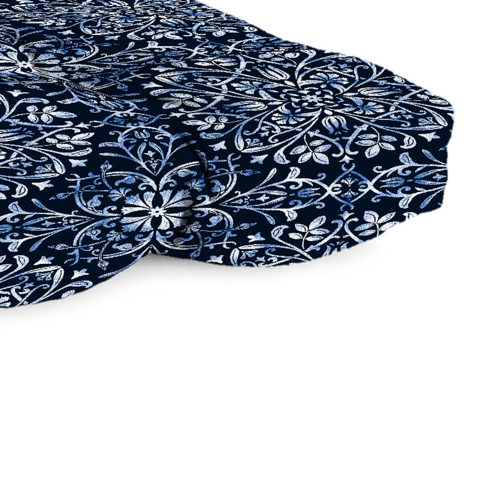 Jordan Manufacturing 43" x 19" Dresden Midnight Navy Damask Rectangular Tufted Outdoor Wicker Settee Bench Cushion with Rounded Back Corners