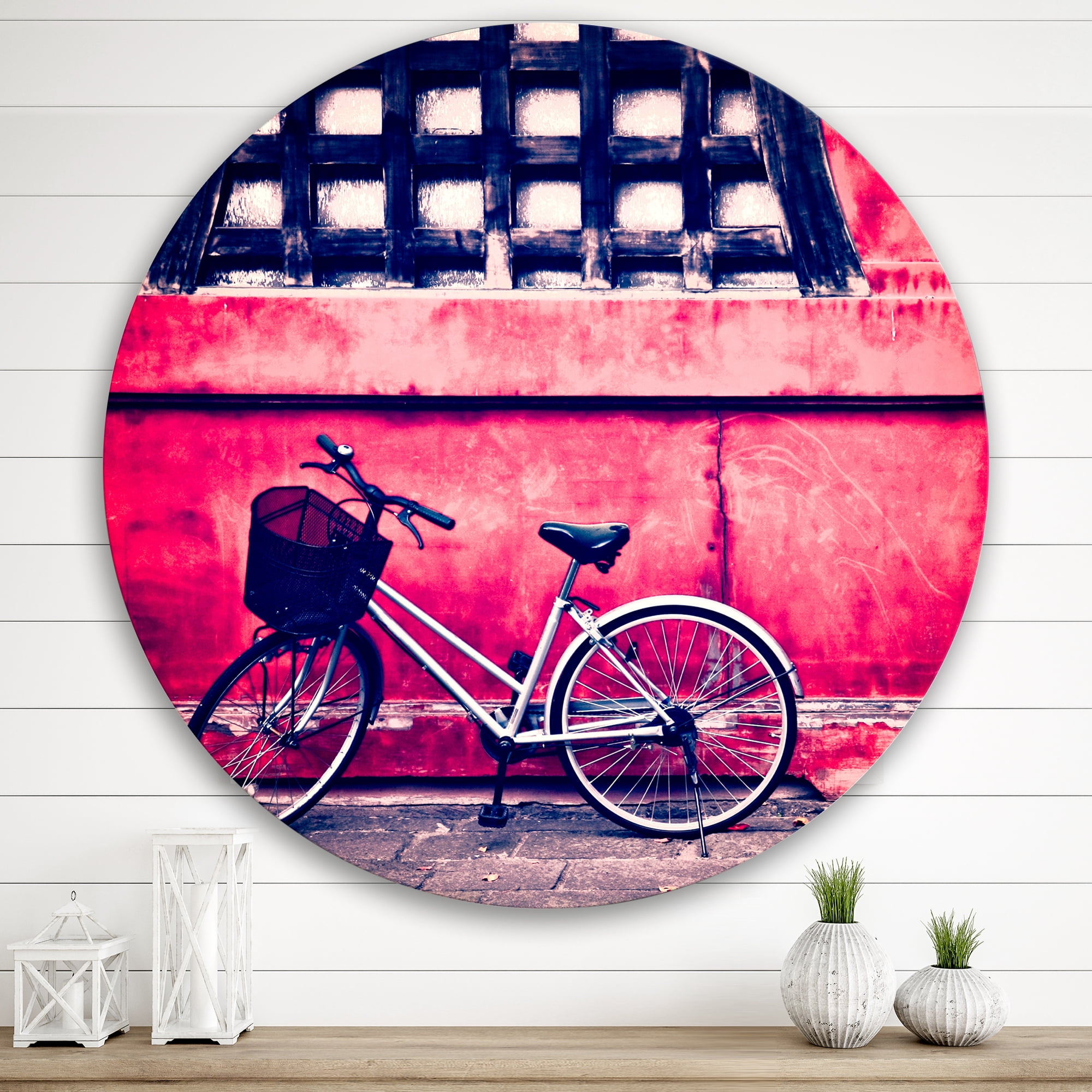 Designart 'Bicycle By Oriental Zozoji Temple Tokyo' Vintage Circle Metal Wall Art 29x29 - Disc of 29