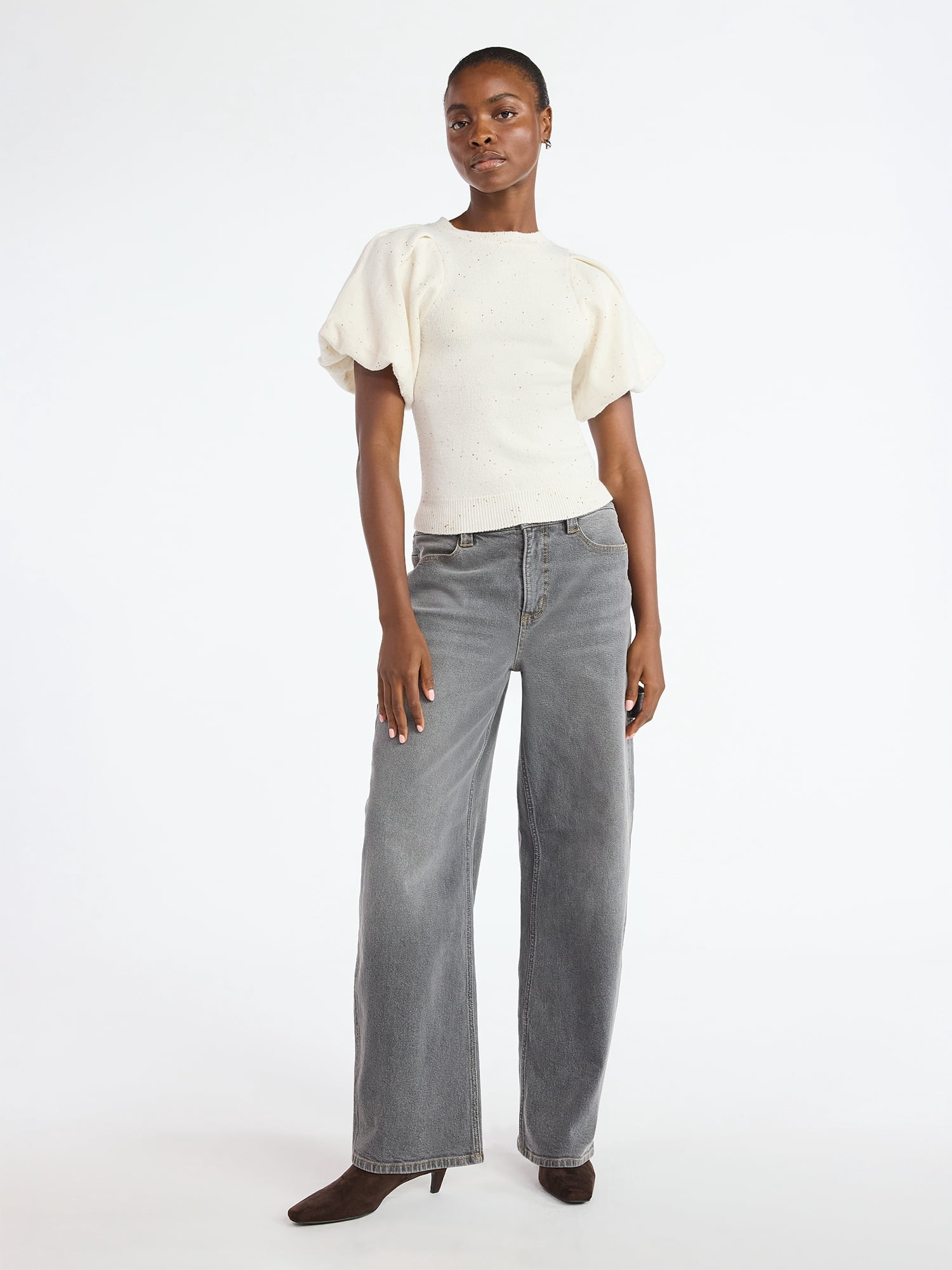 Scoop Women's and Women's Plus Sequin Sweater Top with Puff Sleeves, Lightweight, Sizes XS-4X