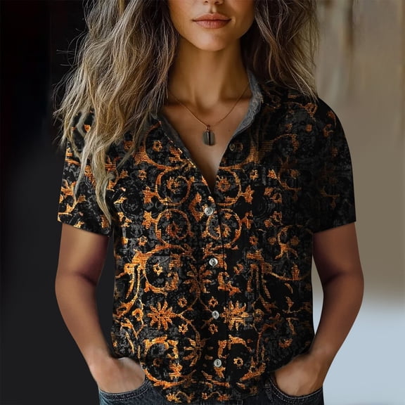 Bovemsi Women Cotton Shirt Printed Fashion Down Shirts Casual Tops Short Sleeve Blouse, Black Women's Summer Shirts, XL