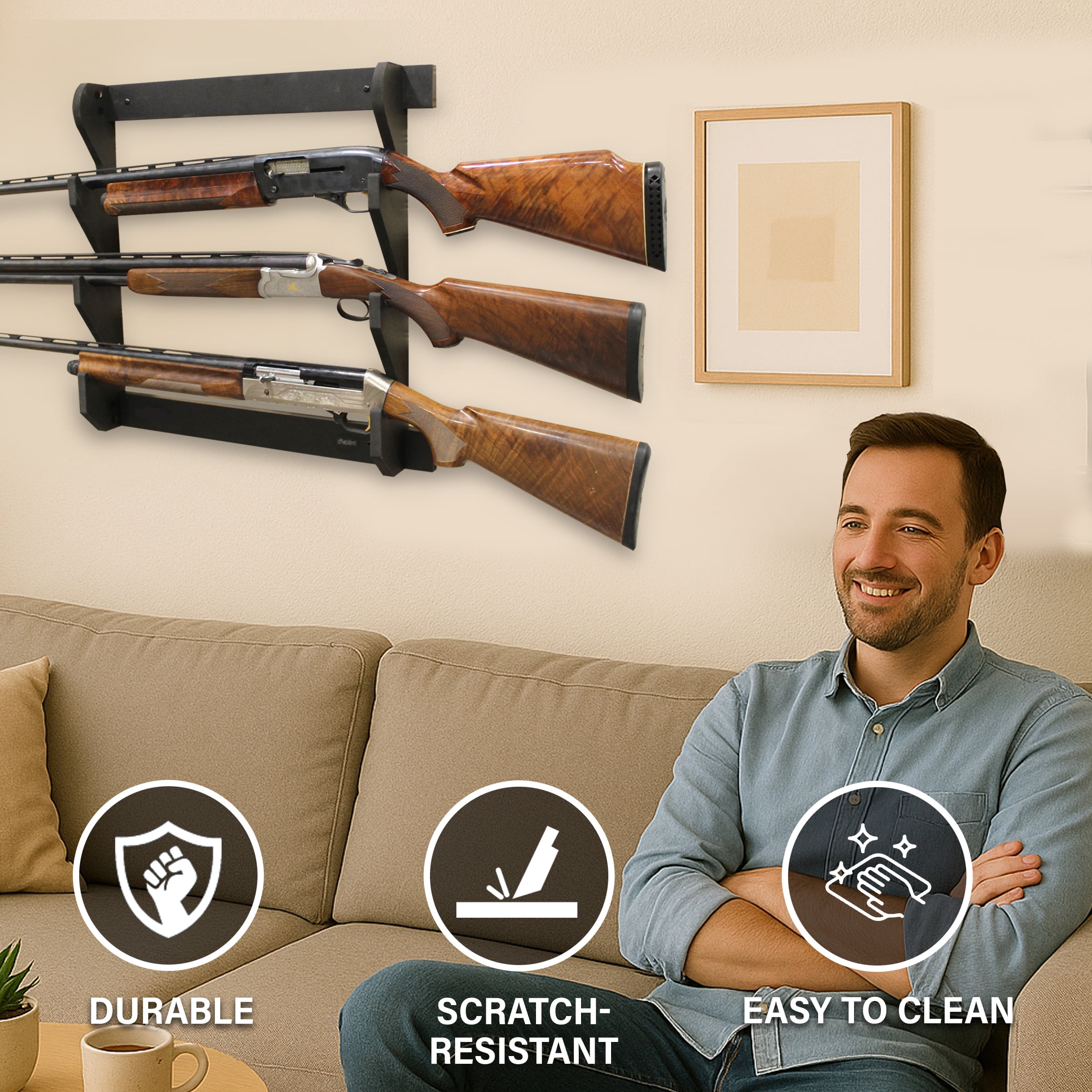 Rush Creek Creations Wall Gun Rack, 3 Gun Capacity, Indoor Storage Display, Black Finish