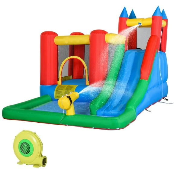 YYAo Family Backyard Bouncy Castle,6-in-1 Kids Bounce House Inflatable Water Slide with Pool, Water Cannon, Climbing Wall