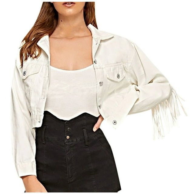 Veste en Jean pour Femmes Mode Femmes Décontractée Veste à Franges Courte à Manches Longues Veste Ajustée Blouse Manteau S-178 Blanc G