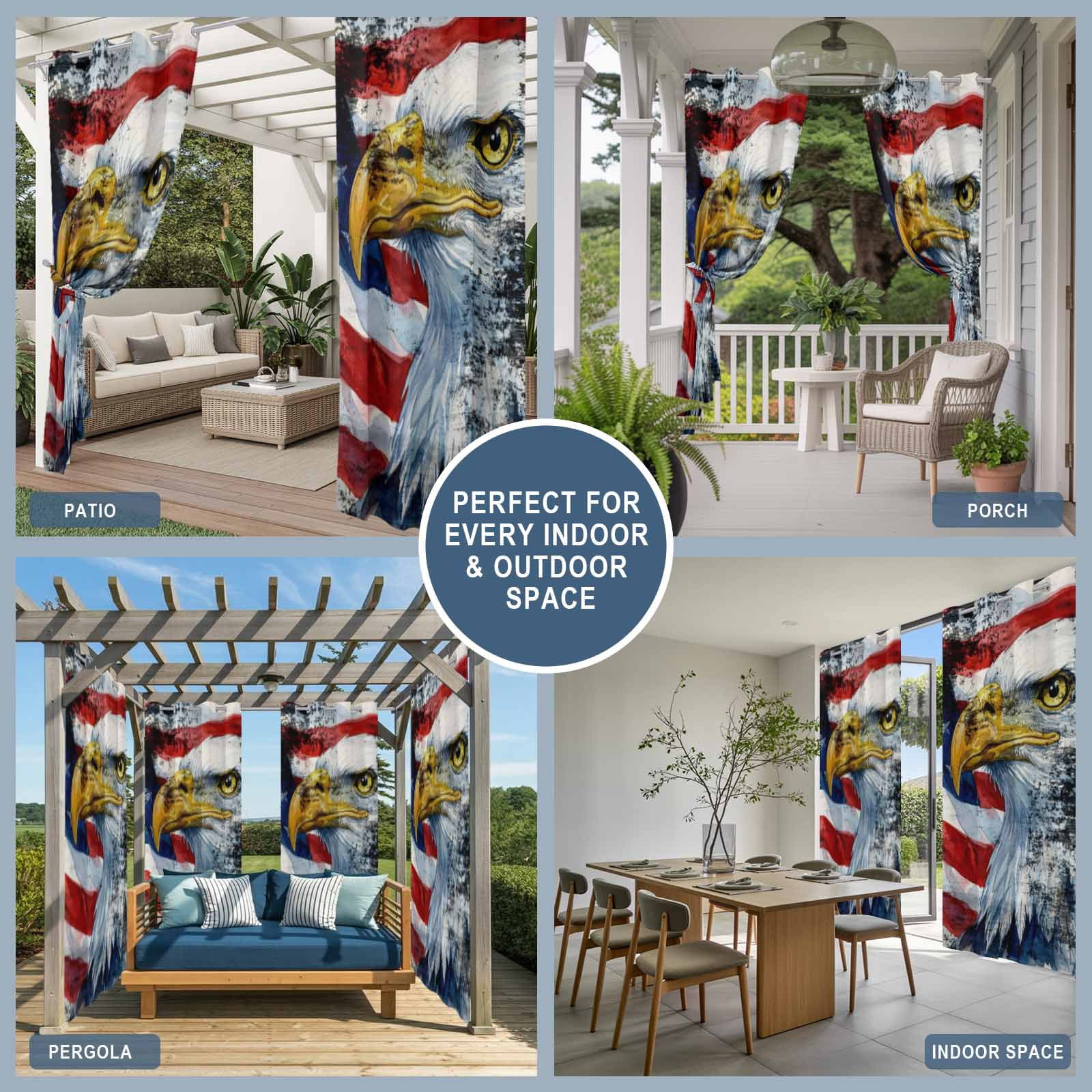 Independence Day Outdoor Curtains for Patio, Vintage American Flag Star Spangled Eagle Art Country Sunshade Privacy Drapes Grommet Waterproof Outside Curtains for Porch Balcony 54"x108", 1 Panel