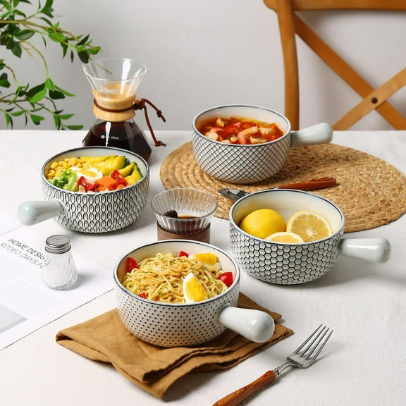 28 Oz French Onion Soup Bowls with Handles, Stackable Ceramic Set of 4, Oven Microwave Dishwasher Safe, White-Blue