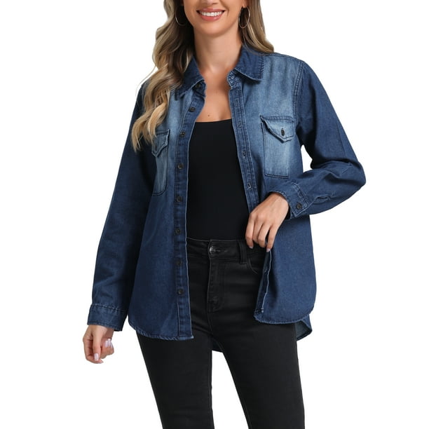 Chaqueta de mezclilla de manga larga y botones INSPIRE CHIC para mujer, chaquetas de jeans oversized M azul