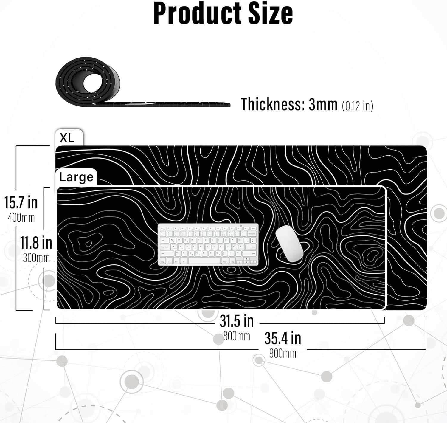 Large Gaming Mouse Pad with Stitched Edges, Minimalist Topographic Map Mouse Pad, Extended XL Mousepad with Anti-Slip Base, Cool Mouse Pad for Keyboard and Mouse, 35.4 x 15.7 in, Black