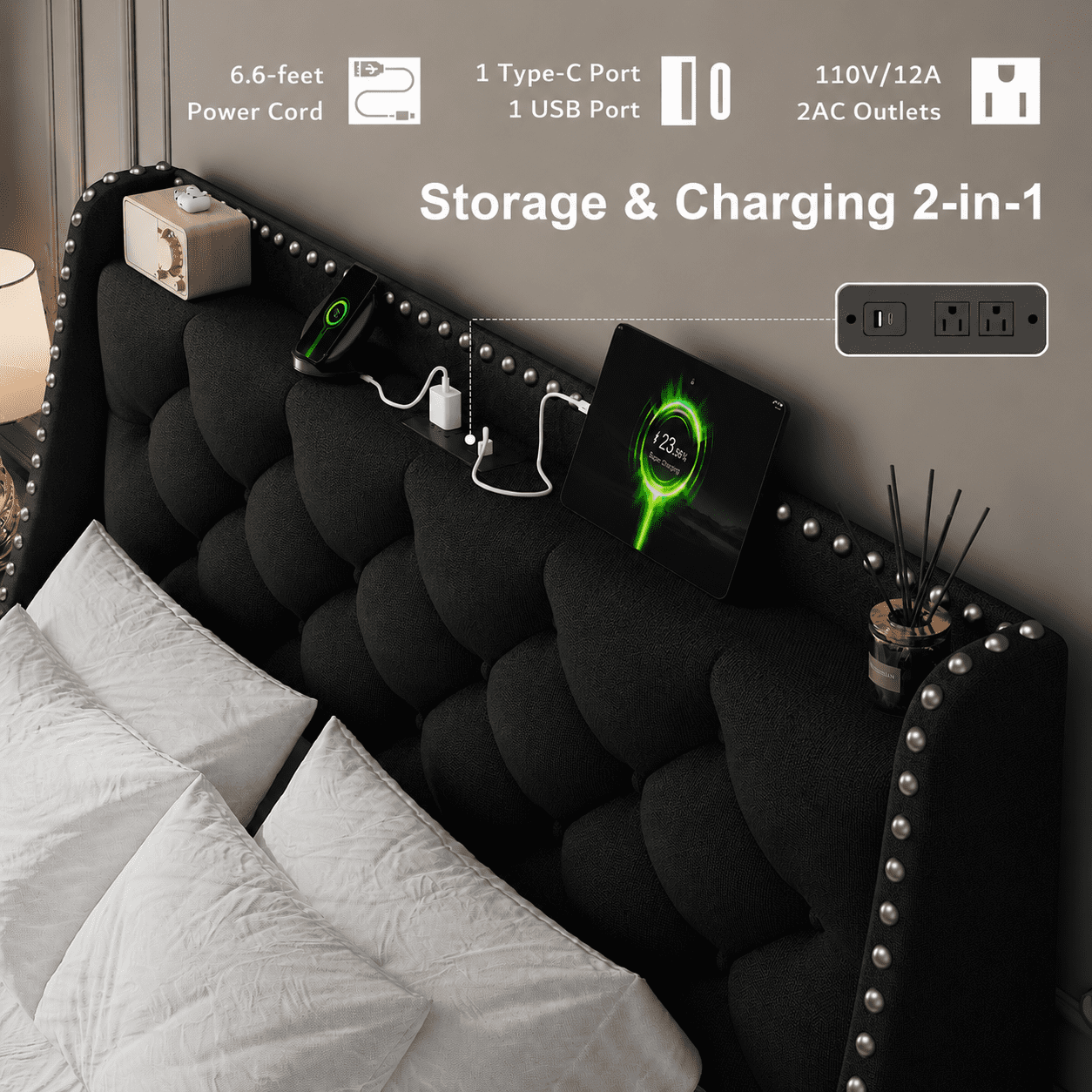 Virans Full Bed Frame with 16" Deluxe Wingback & Charging Station, Upholstered Platform Bed with Button Tufted Storage Headboard,Black