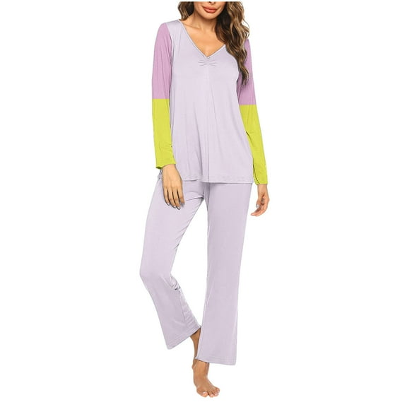 Ltctricy Women Pajama Set 2 Piece Casual V Neck Long Sleeve Tops with Baggy Pants Sleepwear Outfits Lounge Homewear