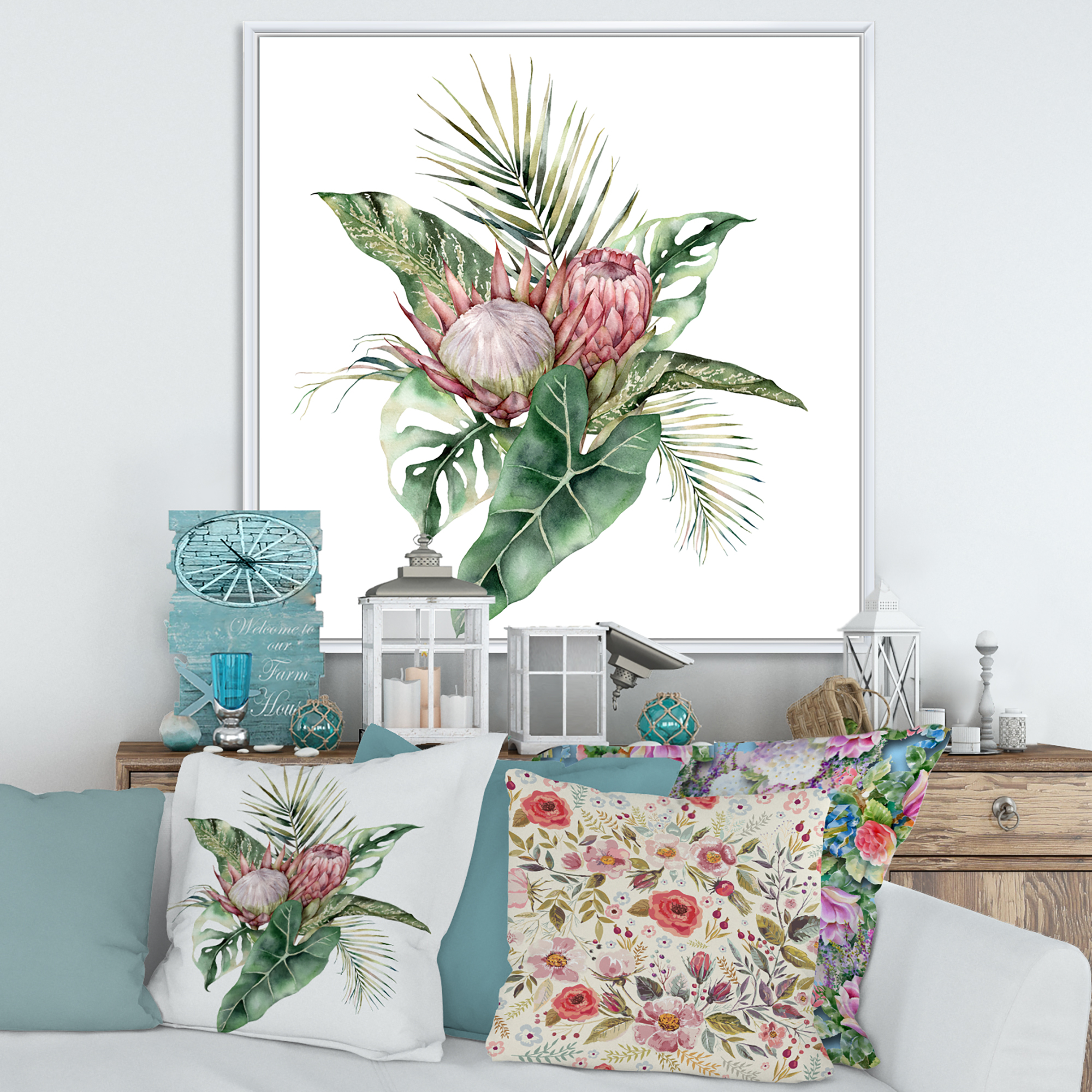 Designart 'Queen Proteas Palm & Monstera Leaves' Traditional Framed Canvas Wall Art Print