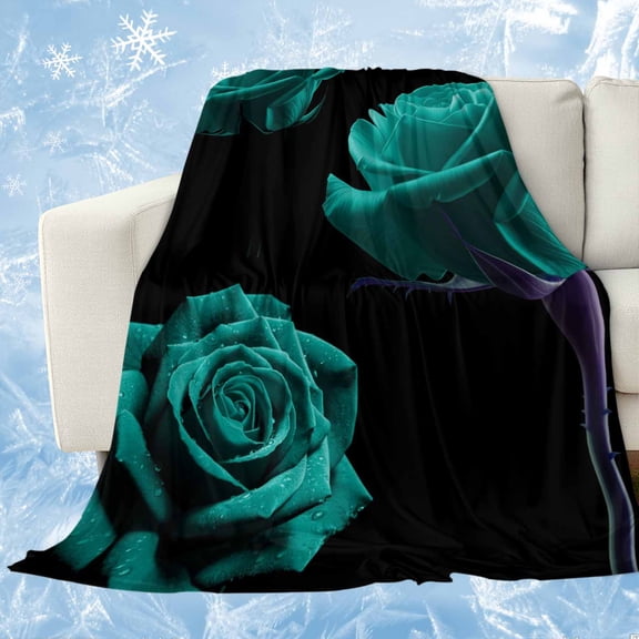 Teal Blue Rose Cooling Blanket,Lightweight Breathable Summer Throw Blanket with Double Sided Cold Effect,Vintage Abstract Garden Flower Floral Black Picnic Blankets Bed Sheet for Hot Sleepers 30"x40"