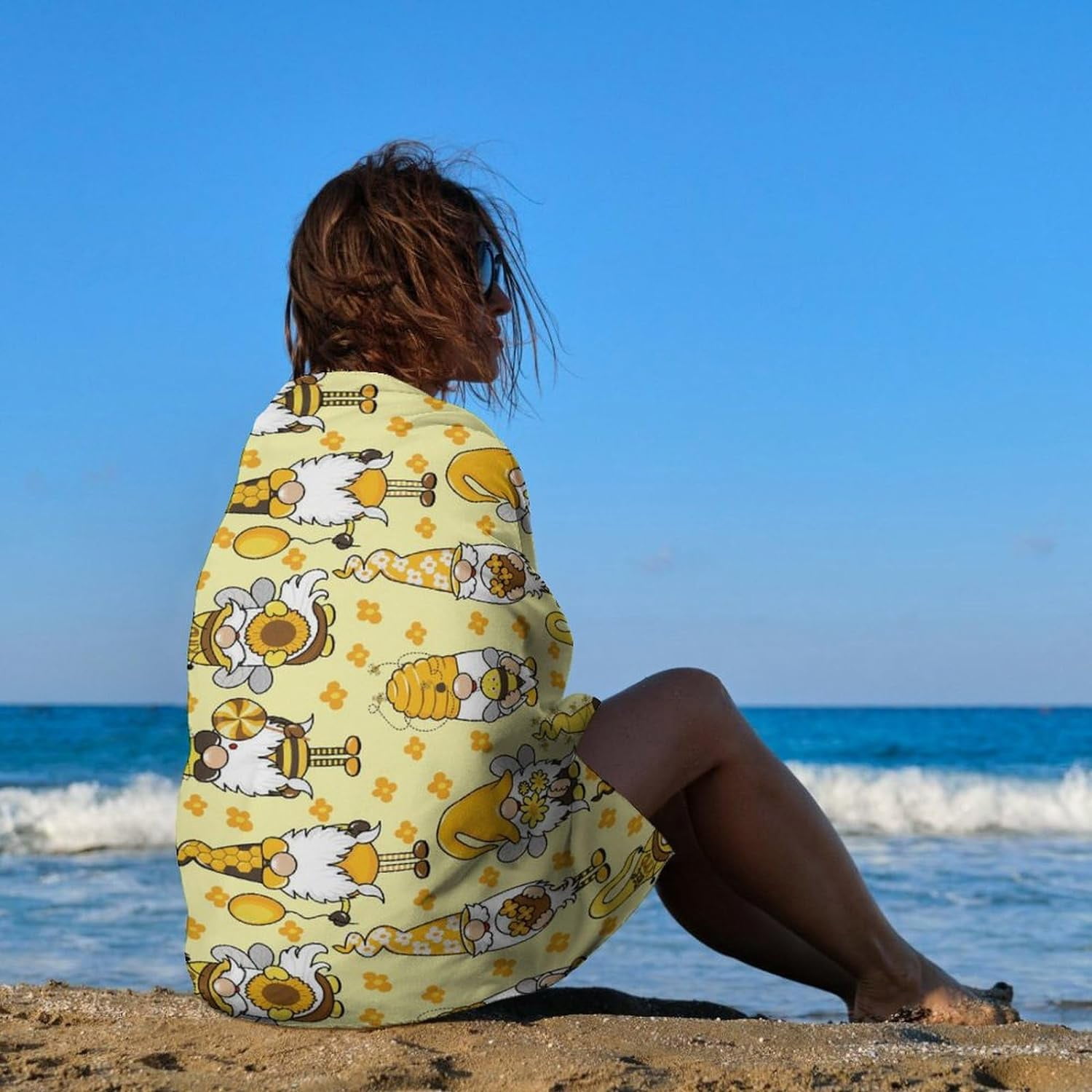 for Funny Honeybee Gnomes Bee Sunflower Yellow Oversized Beach Towel, Extra Large Thick Pool Towel, Ultra Absorbent Beach Blanket, Soft Plush Swim Bath Towels for Adults Mens Women