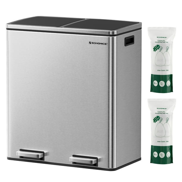 SONGMICS 16 Gal Dual Trash Can and Trash Bag Bundle, Metal Garbage Bin