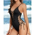 thumbnail image 3 of SMZ Women Sexy Lace Up One Piece Swimsuit Deep Plunge V Neck High Cut Bathing Suits, 3 of 5