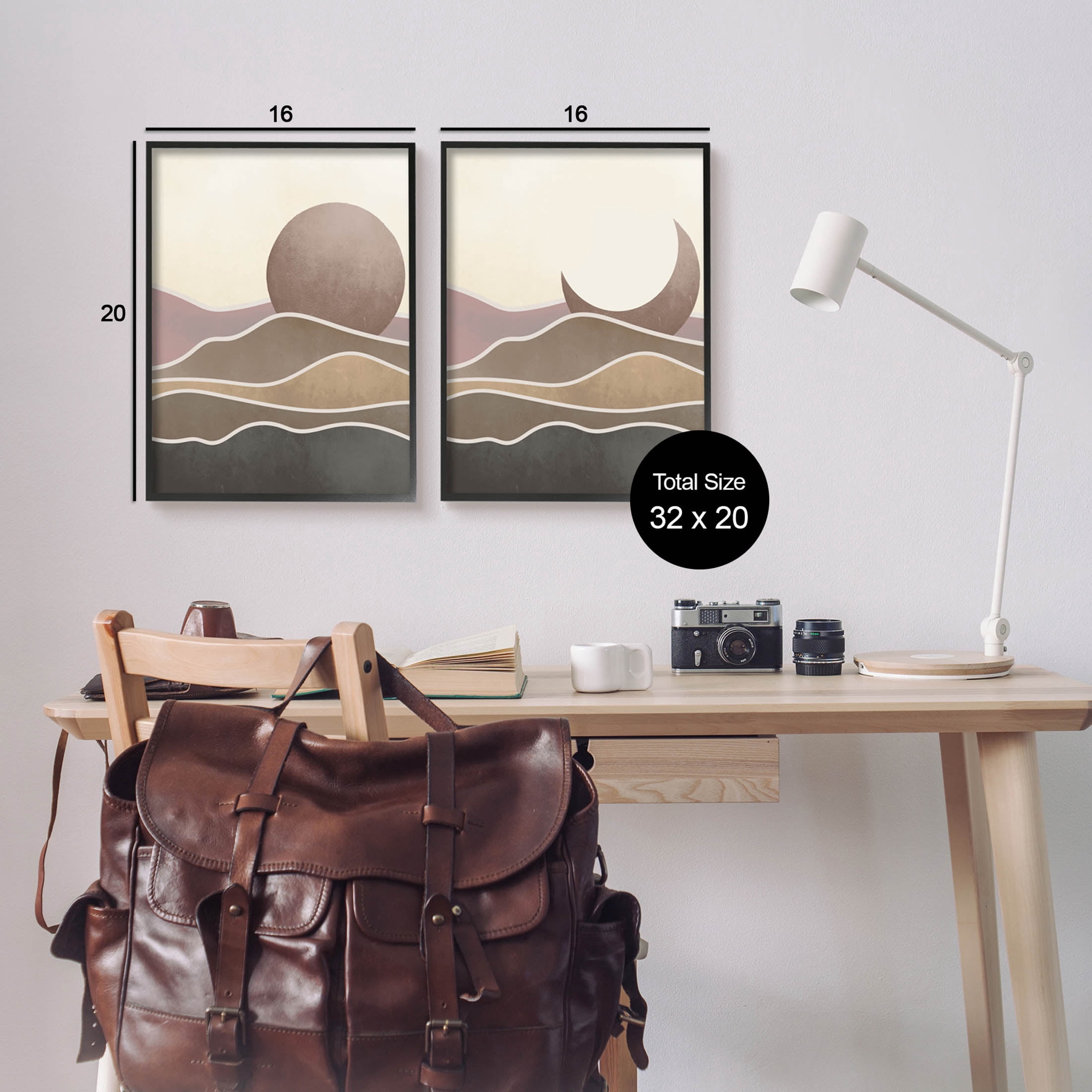 Neutral Toned Landscape Sun Moon Landscape Graphic Art Black Framed Art Print Wall Art, Set of 2