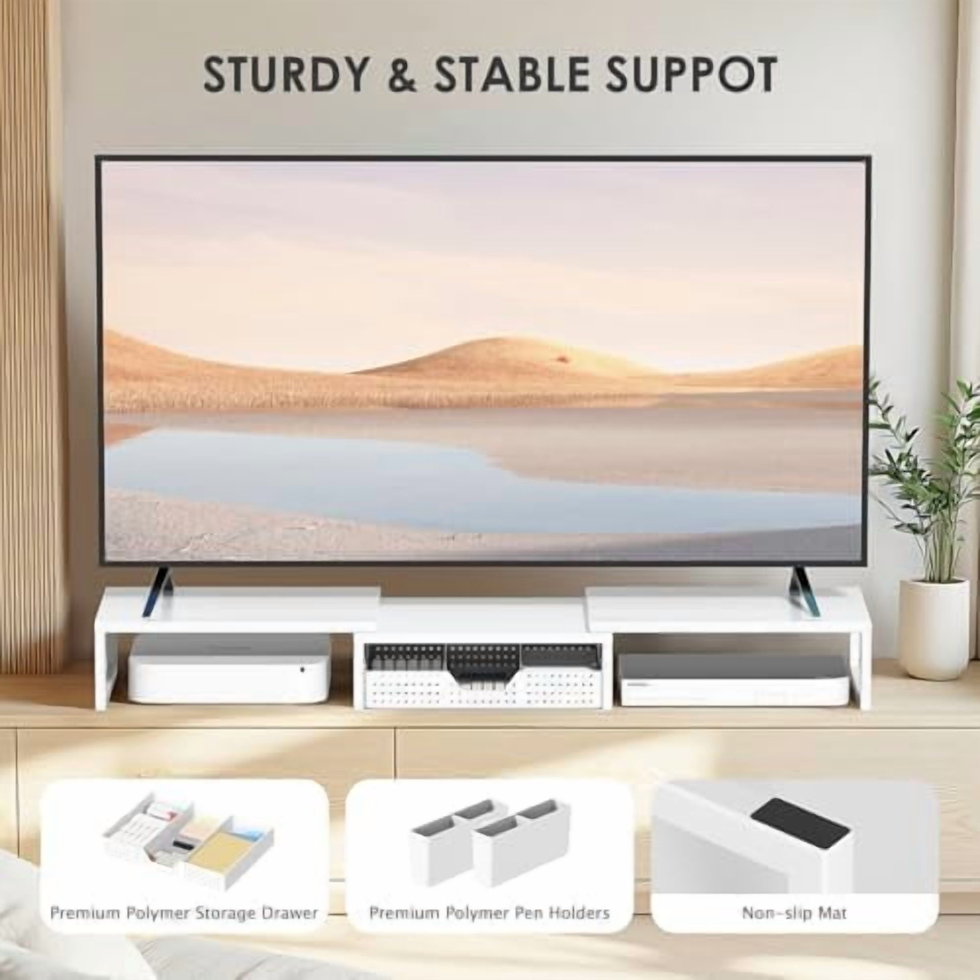 White Dual Monitor Stand Riser, Metal Desk Organizers and Accessories with Drawer and 2 Pen Holders, Computer Monitor Stand for Desk