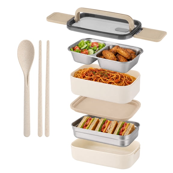 Bento Lunchbox, 47.3 oz 2-Tier Lunch Box with Compartments, 8.5 x 4.6 x 4.1 in 316 Stainless Steel Lunch Box with Cutlery, Leakproof Portable Meal Prep Container for Office Workers